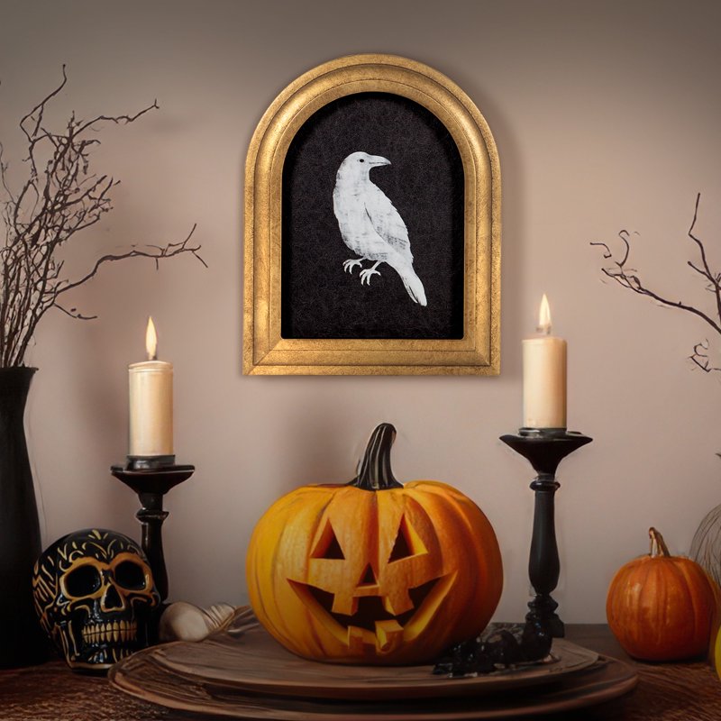 Halloween Bird Wall Art - Black & White Crow Antique Gold Frame 8x10