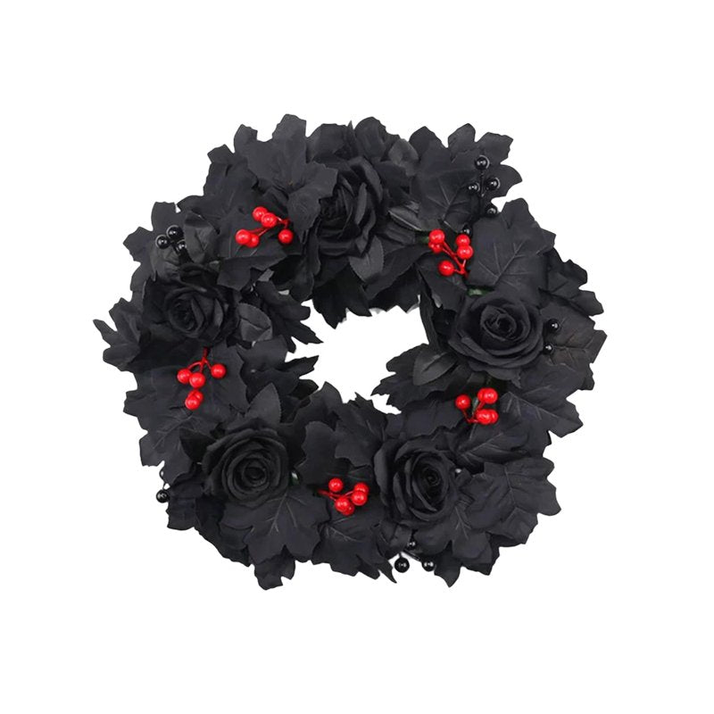 Halloween Wreath with Bats and Skulls - 17 Inch Black and Purple Gothic Decor with Berry Variation