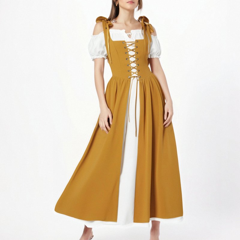 Women’s Renaissance Costume Dress Vintage Medieval Yellow XXL - Pirate Peasant Gown