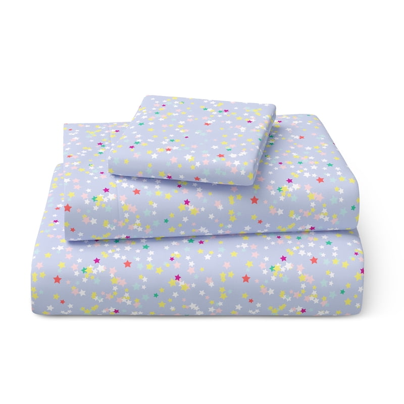 Kids Twin Bed Sheet Set - Stars Pattern 3 Piece Cotton Percale Bedding - Light Pink