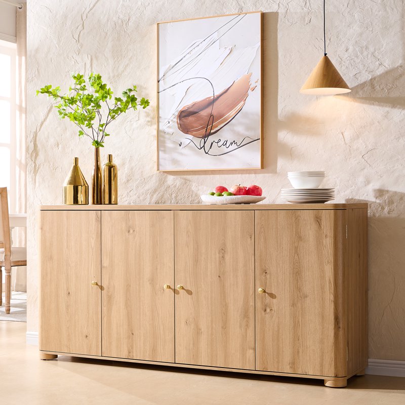 Curved Coffee Bar Storage Cabinet - 66" Natural Sideboard with 4 Doors