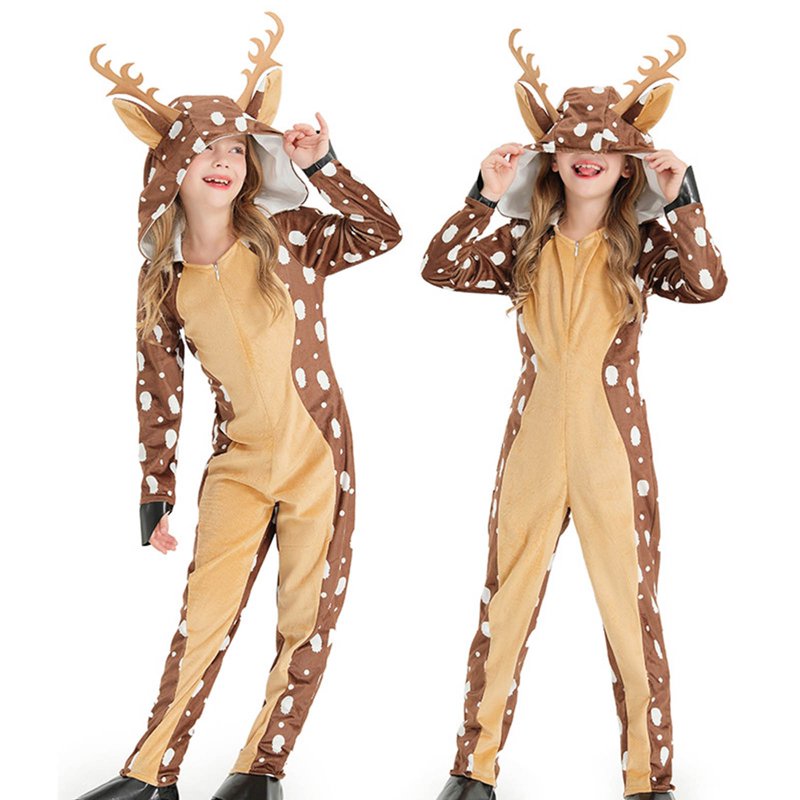 Khaki Christmas Deer Toddler Jumpsuit Footed Onesie for 7-9 Years