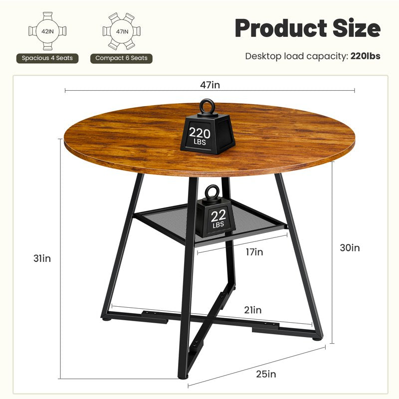 47 Inch Round Dining Table for 4-6 - Farmhouse Style, Rust