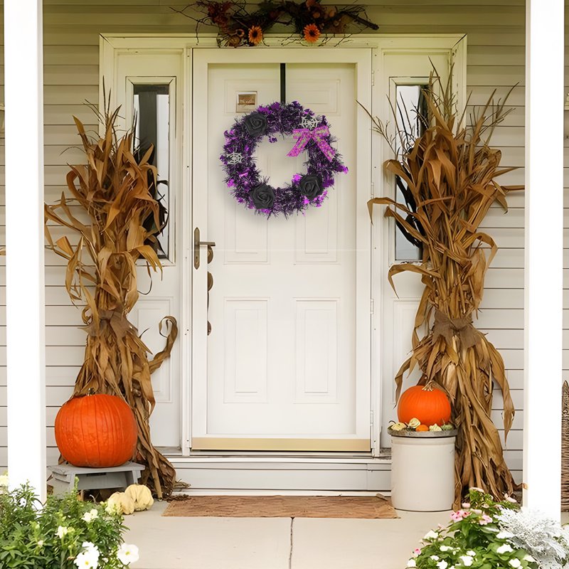 Halloween Black Rose Wreath for Front Door and Wall Decor - Spooky Reusable Halloween Ornament