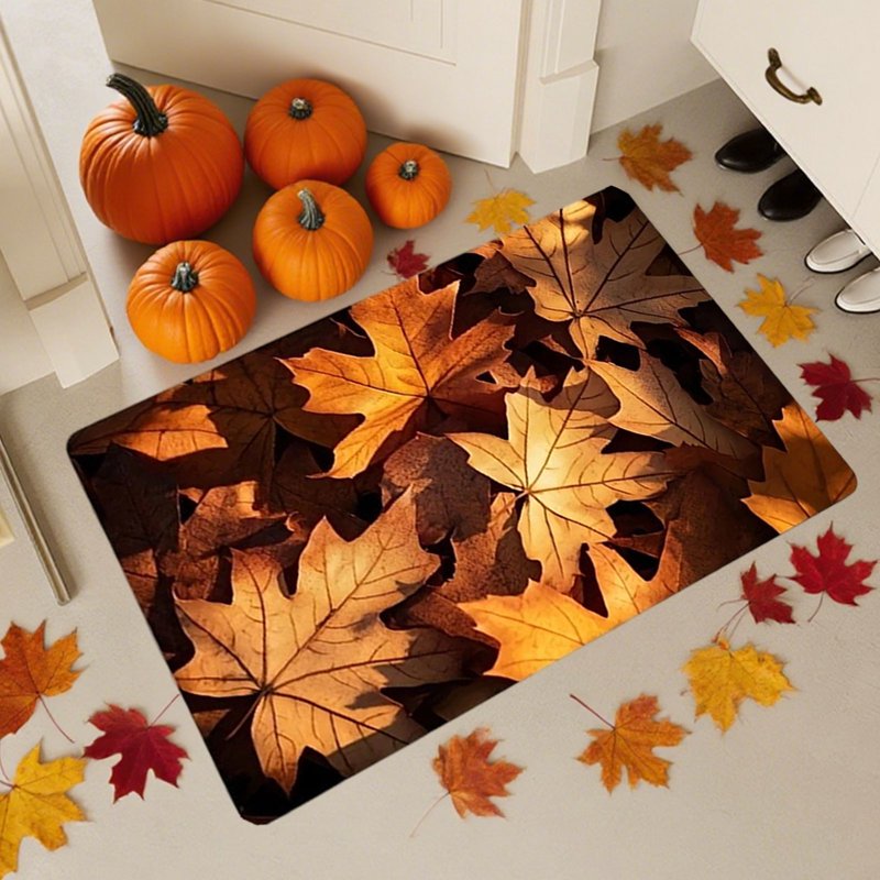Non-Slip Fall Doormat - Absorbent Waterproof Entrance Rug with Pumpkin & Leaves - Variation A