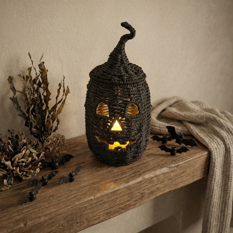 Halloween Black Woven Seagrass Pumpkin Storage Basket with Lid - 12.2 Inch