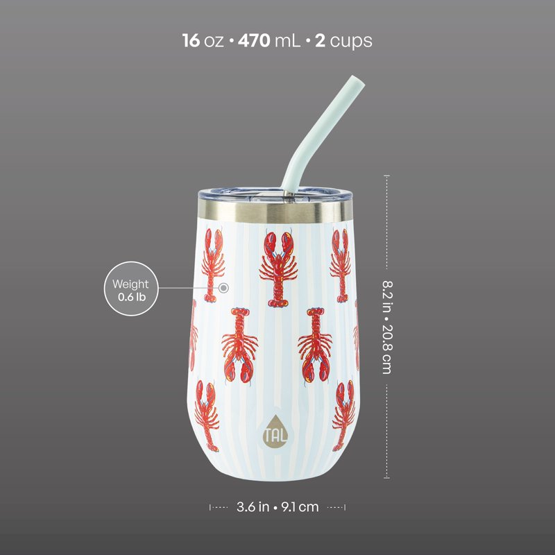 16oz Stainless Steel Wine Tumbler with Straw - Lobsters