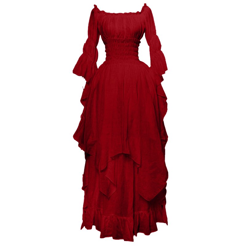Red Maxi Dress for Women Long Sleeve Floor Length Cosplay Dress Plus Size - S