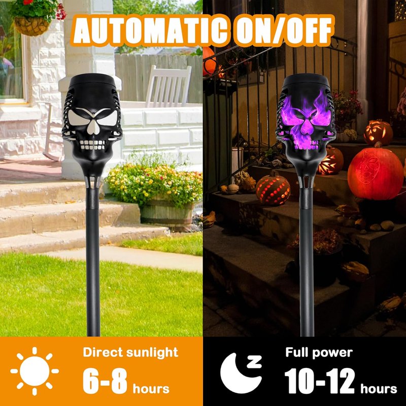 12-Piece Halloween Solar Skull Pathway Lights - Purple Outdoor Stake Decor