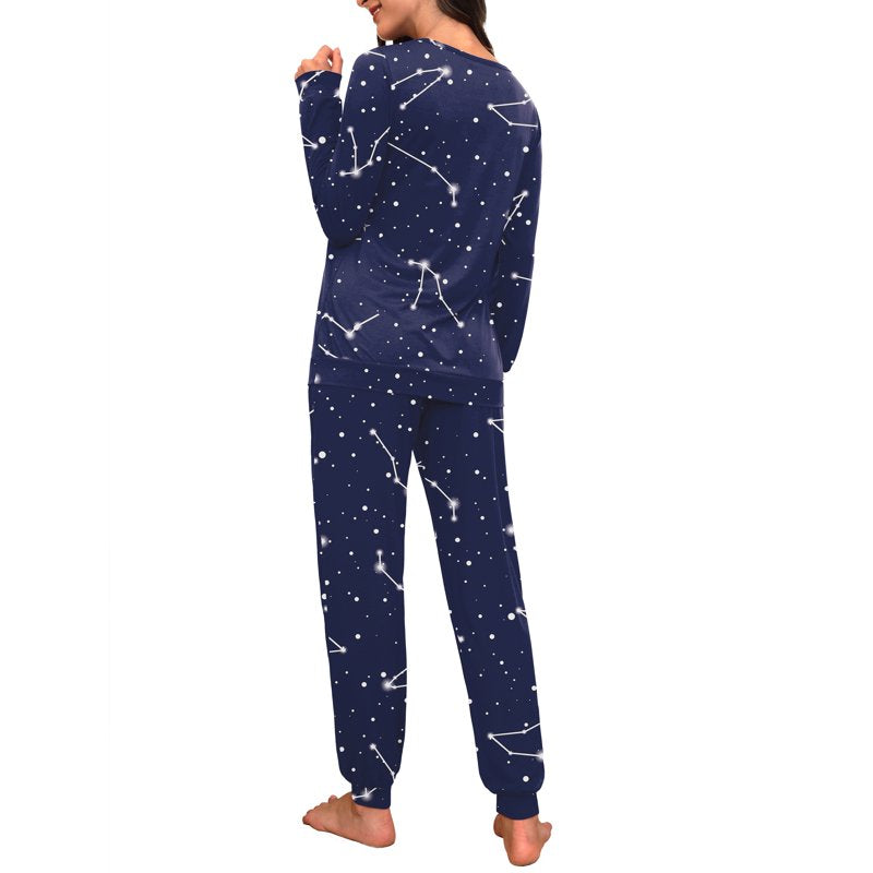 Women’s Pajama Set Long Sleeve Sleepwear Lounge Set with Pockets - Blue Star Sign, L