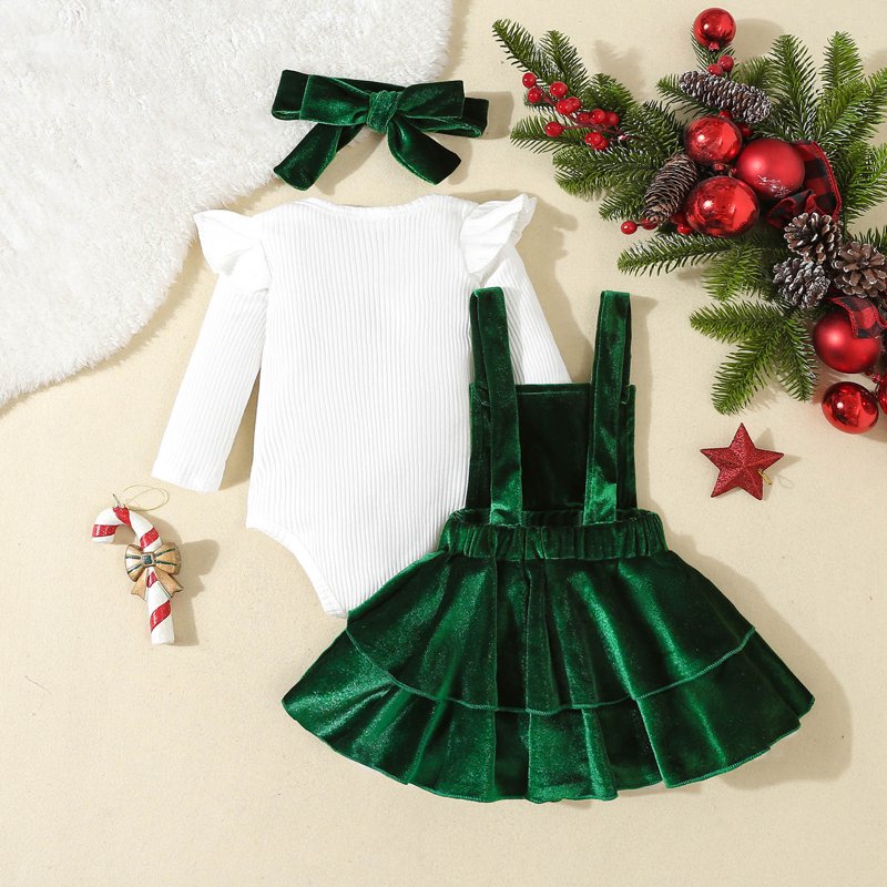 Baby Girl First Christmas Outfit A05-Green 0-3 Months Romper Dress & Skirt Set