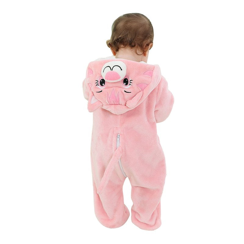 Kids Animal Hooded Romper - Pink, 3-6 Months Cute Flannel Jumpsuit