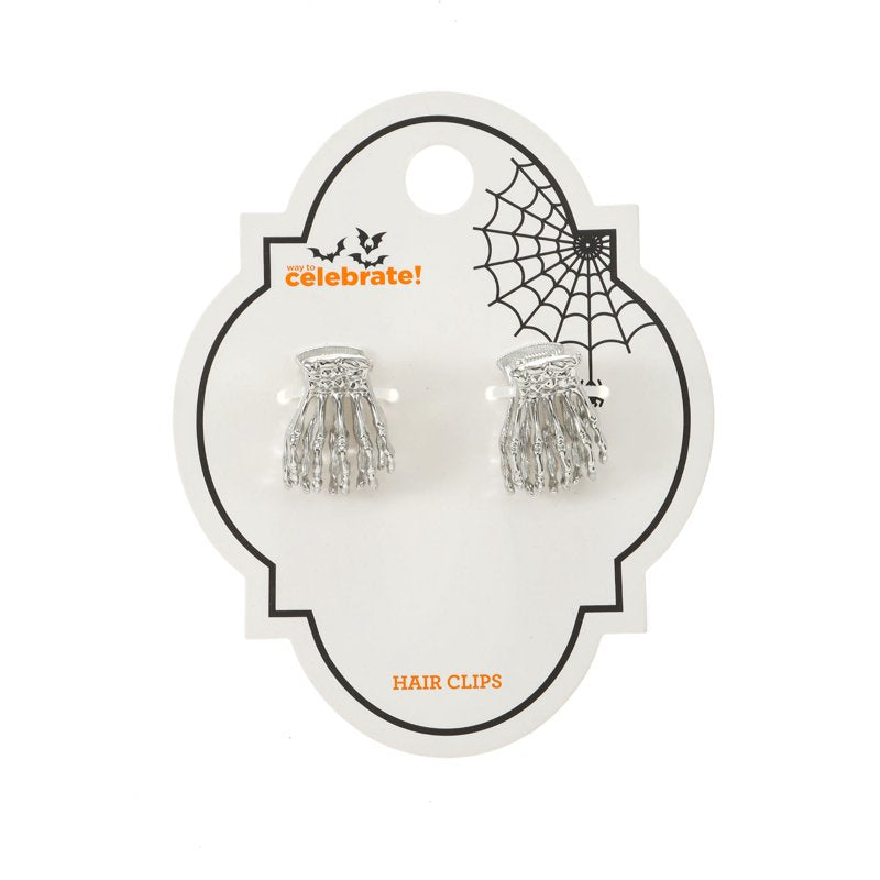Skeleton Halloween Hair Clip Set - Silver Skull Hand Design, 2 Pieces
