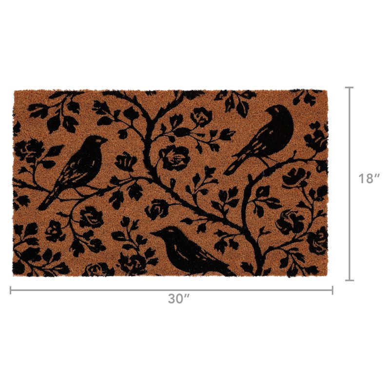 Outdoor Coir Doormat - Black Floral Bird Design, 18 x 30 Inches - Variation Under 2' x 3'