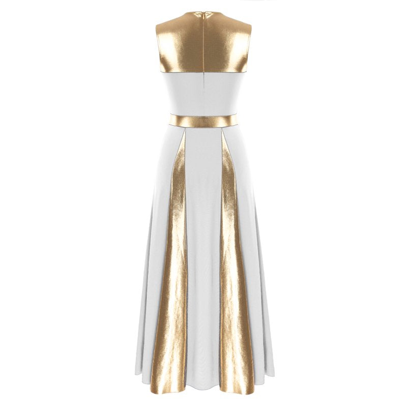 Women's Sleeveless Worship Dance Dress with Metallic Patchwork - White, M
