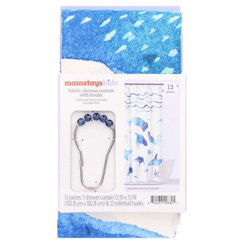 Kids Fabric Shower Curtain with Hooks Set - Ocean Pattern, 72x72 Inches