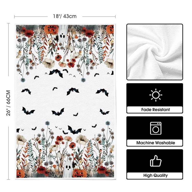 Halloween Kitchen Towels Set of 2 - Ghost Pumpkins Bats Floral 18x26 B Variation