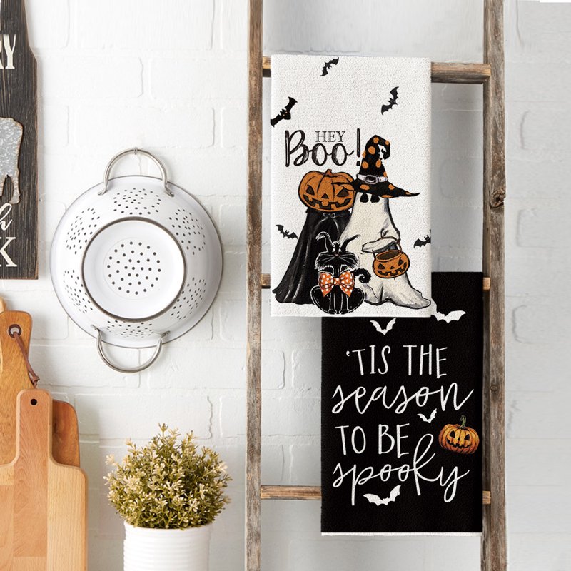 Halloween Kitchen Dish Towels Set - Spooky Pumpkin Ghost Bat Design, 2 pcs 18 x 26 inches - Farmhouse Style