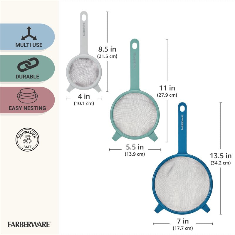 Fine Mesh Strainer Set of 3 - Blue, Sage & Gray