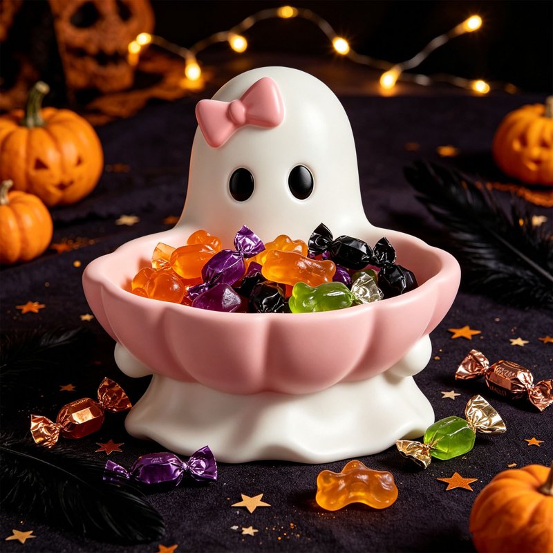 Pink Halloween Ghost Candy Bowl Figurine with Bow & Scalloped Holder