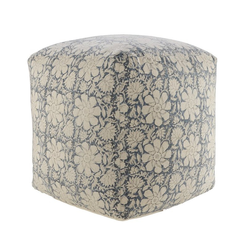 Medium Floral Indoor Square Pouf - Beige & Blue, 20x20x20 Inches - Handmade Geometric Design