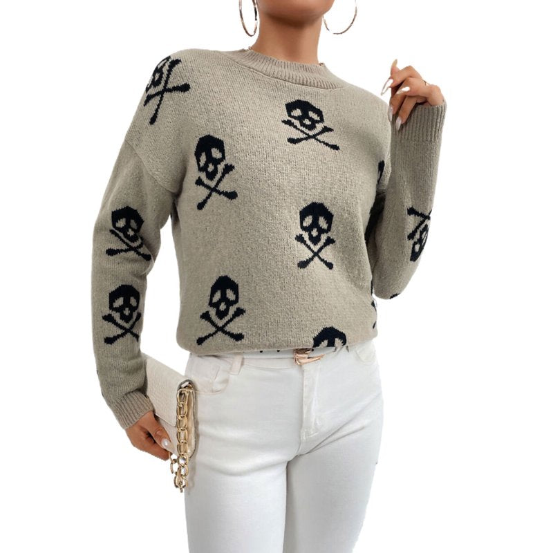 Women’s Fall Skeleton Pullover Sweater Beige M Casual Crewneck Knit Top