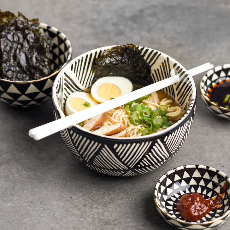 Triangle Ceramic Ramen Noodle Bowl Set with Chopsticks - 2 Pack