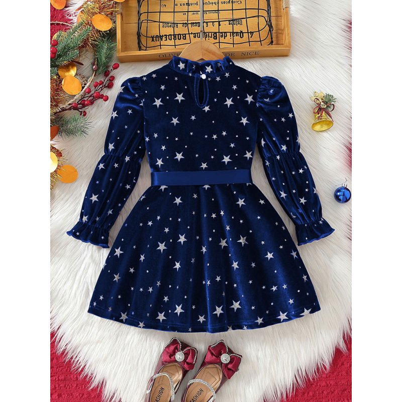 Girls Velvet Star Print Dress with Ruffle Hem & Bow Tie Belt - Size 7-8 Blue Variation Z04-04