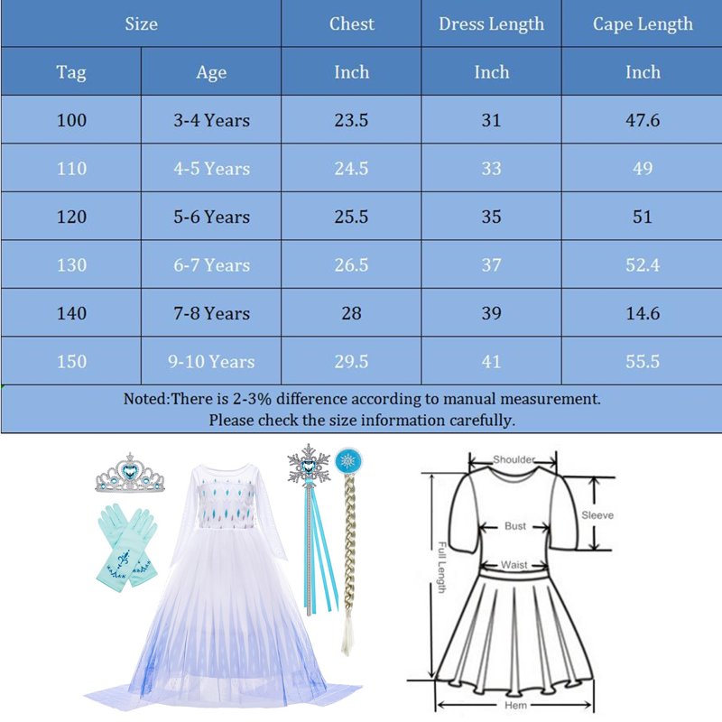 Elsa Costume for Girls 7-8 Years - Snow Queen Act 2 Dress with Wig, Crown, Wand & Gloves (140cm, K11)