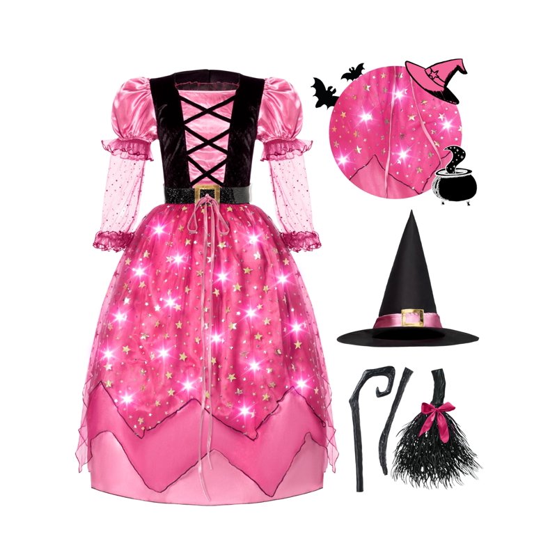 Pink Light-Up Witch Costume Set for Girls - Starry Dress, Broom, Hat & Belt, 8-10 Years