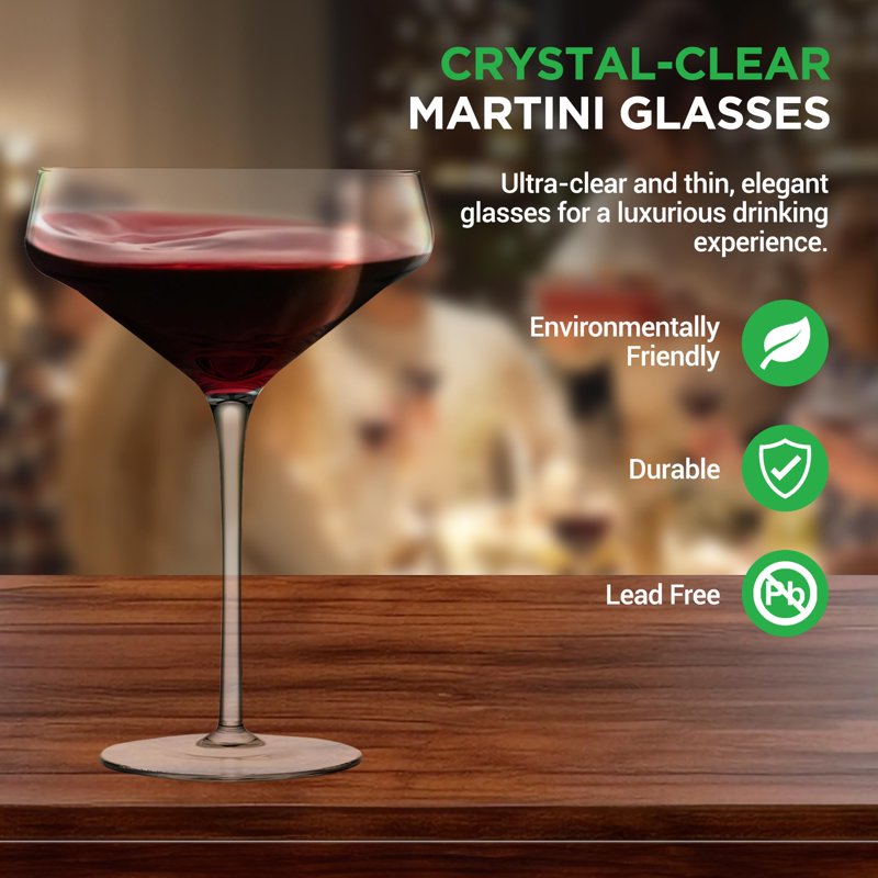 Crystal Martini Glass Set - 6 Elegant Hand Blown Glasses, Dishwasher Safe, One Size