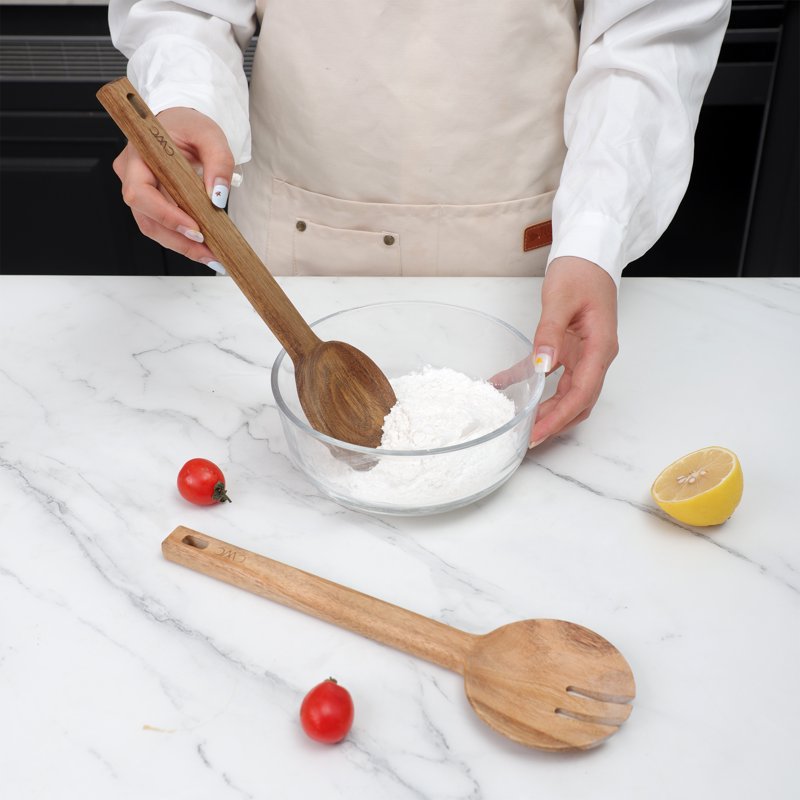 Acacia Wood Salad Server Set - Nonstick-Safe Kitchen Utensils