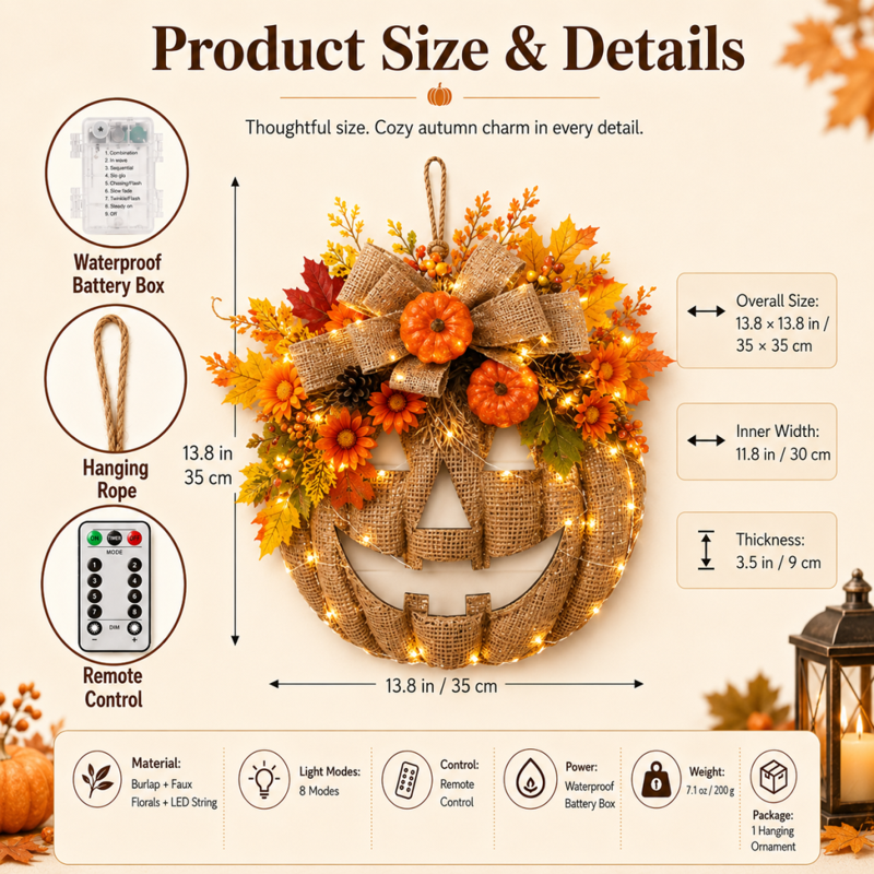 Lighted Burlap Pumpkin Wreath with Remote Control - Fall Door Decor with 8 Light Modes