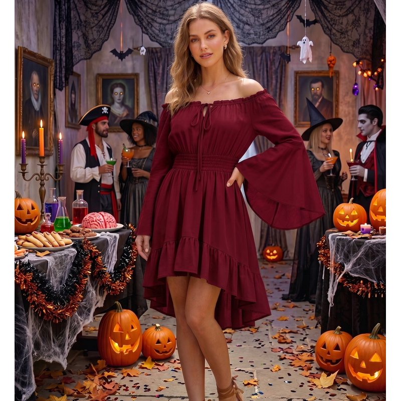 Women's Gothic Pirate Off Shoulder Mini Dress S - Flowy Layered Ruffle Halloween Costume