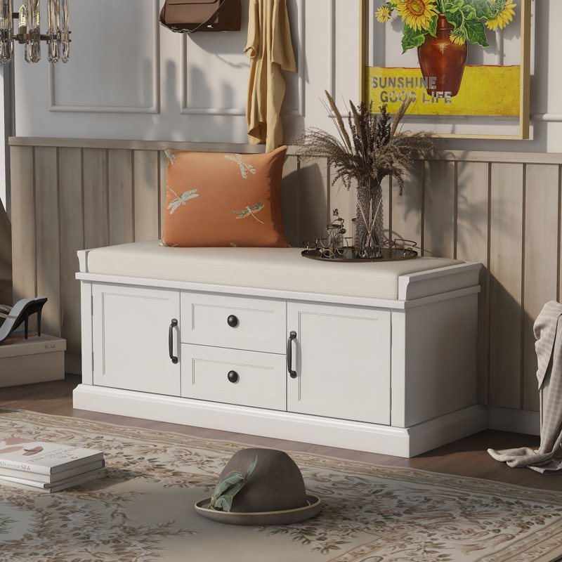 42.5" Solid Wood Storage Bench with Cushioned Top and Drawers
