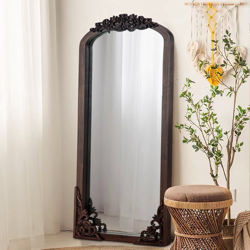Full-Length Arch Mirror 64x22 Vintage Wooden Frame, Natural Finish