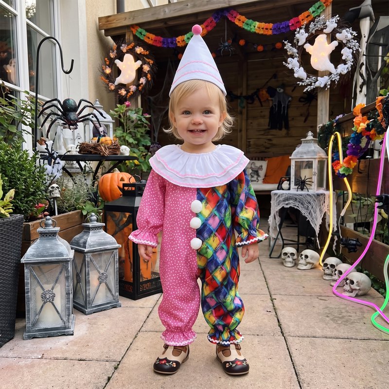 Kids Toddler Baby Clown Costume Romper & Hat Set - Pink White 2-3 Years