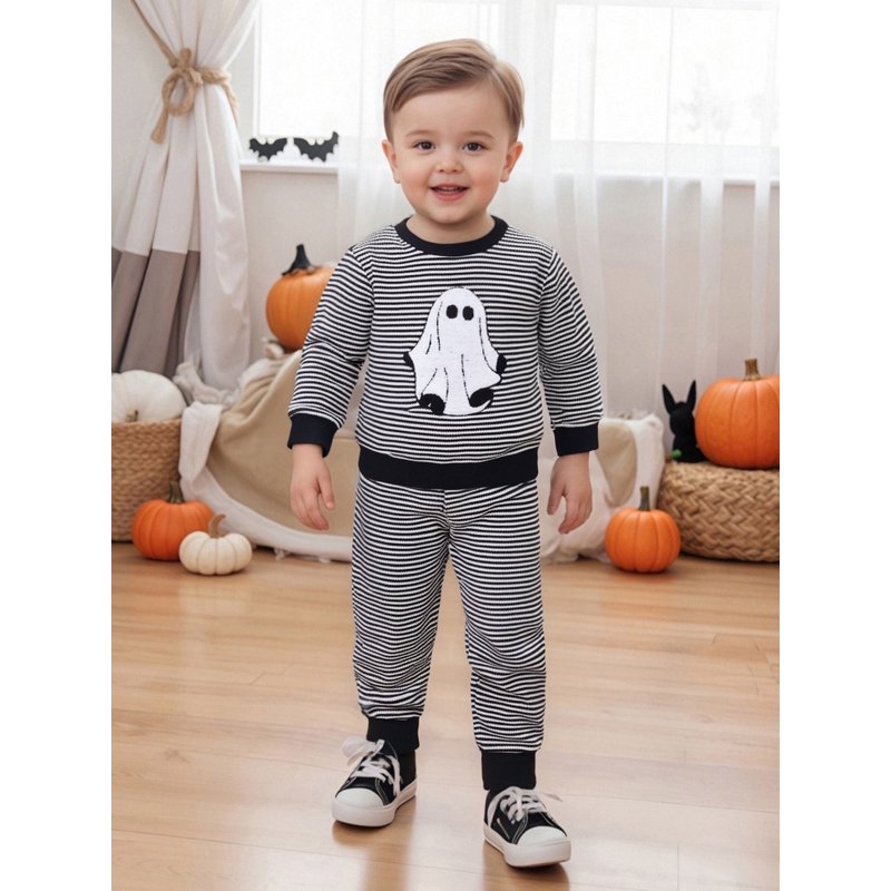 Baby Boy Halloween Outfit Ghost Embroidery Striped Sweatshirt & Pants Set - 6-12 Months