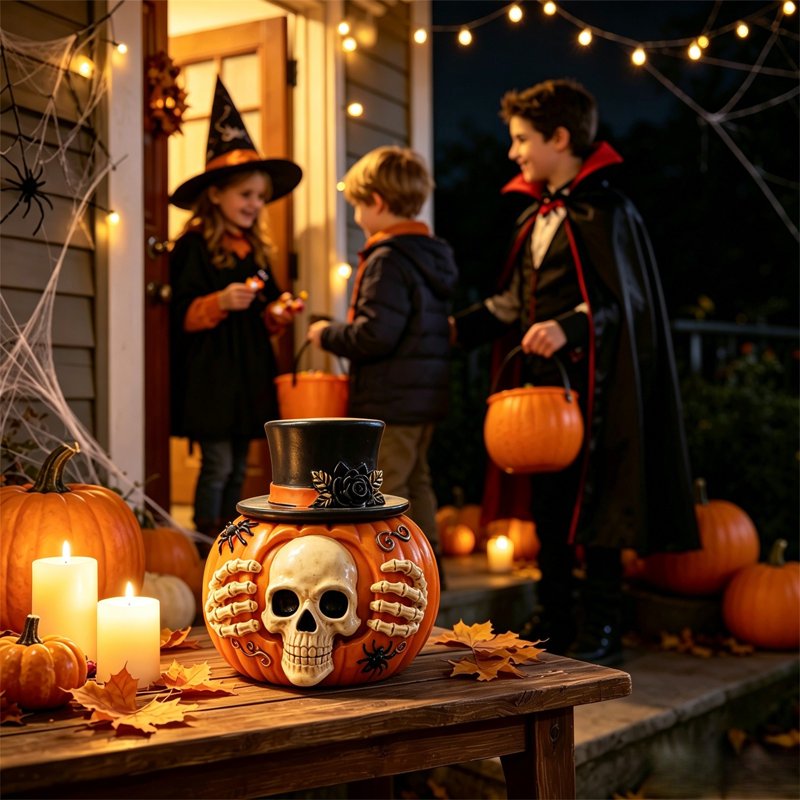 Liamobondopolis Halloween Skeleton Pumpkin Candy Jar with Black Top Hat & Spider - Variation #020