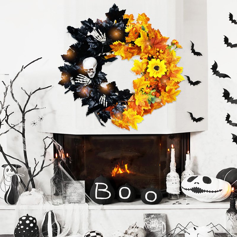 Halloween Wreath for Front Door - Artificial Maple Leaf Decor - Variation F