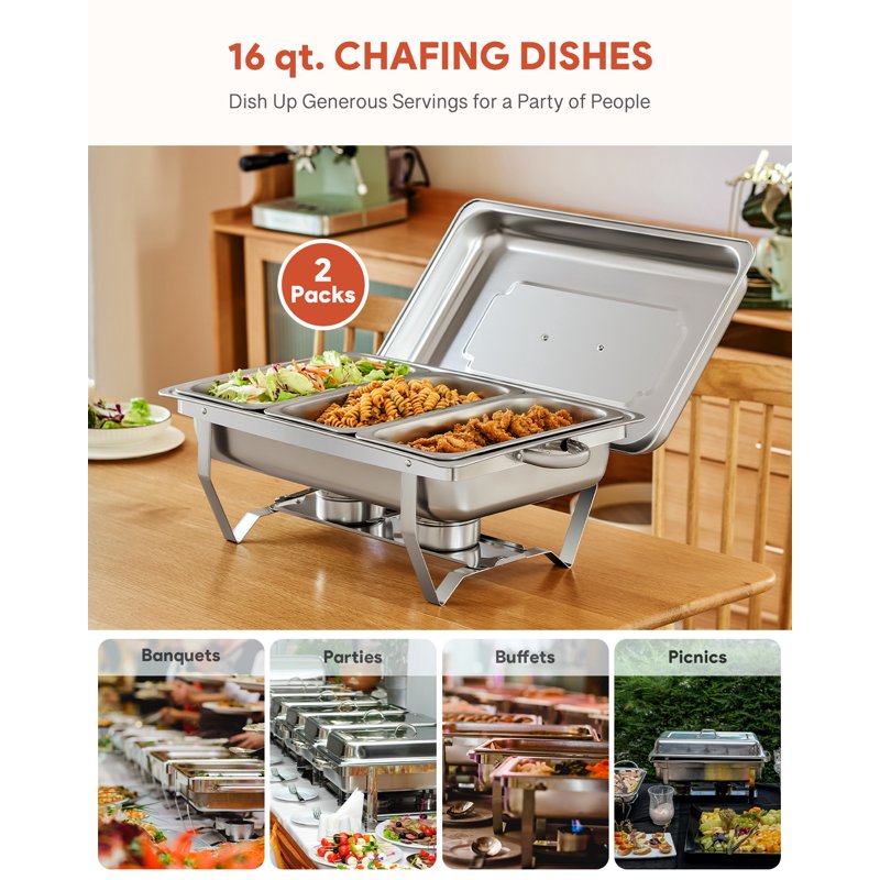 Chafing Dish Buffet Set - 8Qt Stainless Steel Food Warmer, 1/3 Size Pan, 2 Packs