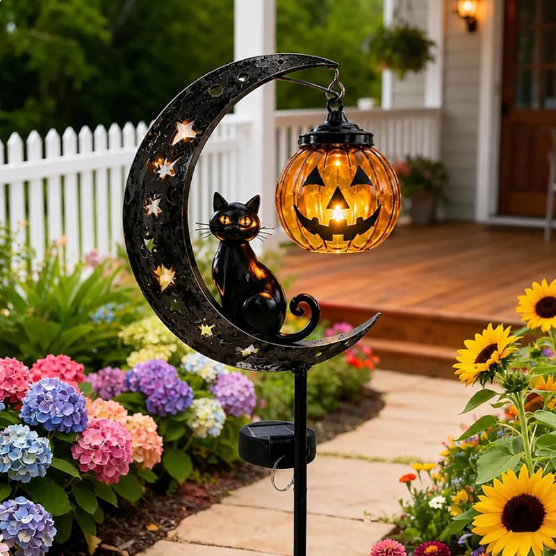Solar Halloween Black Cat & Pumpkin Moon Garden Stake Light B-2PCS Outdoor Waterproof LED Decor