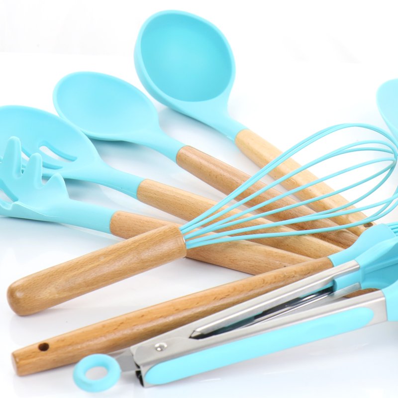 12 Piece Silicone and Wood Cooking Utensil Set - Light Teal