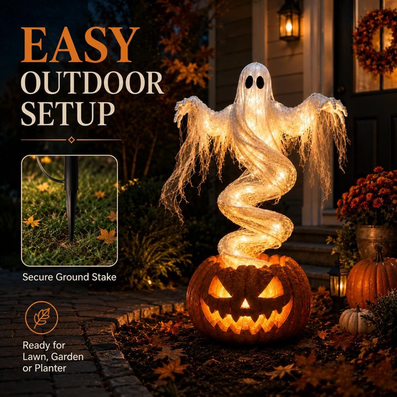 Swirling Ghost Pumpkin Yard Lamp - Outdoor Rotating Porch Decoration - Variation 1