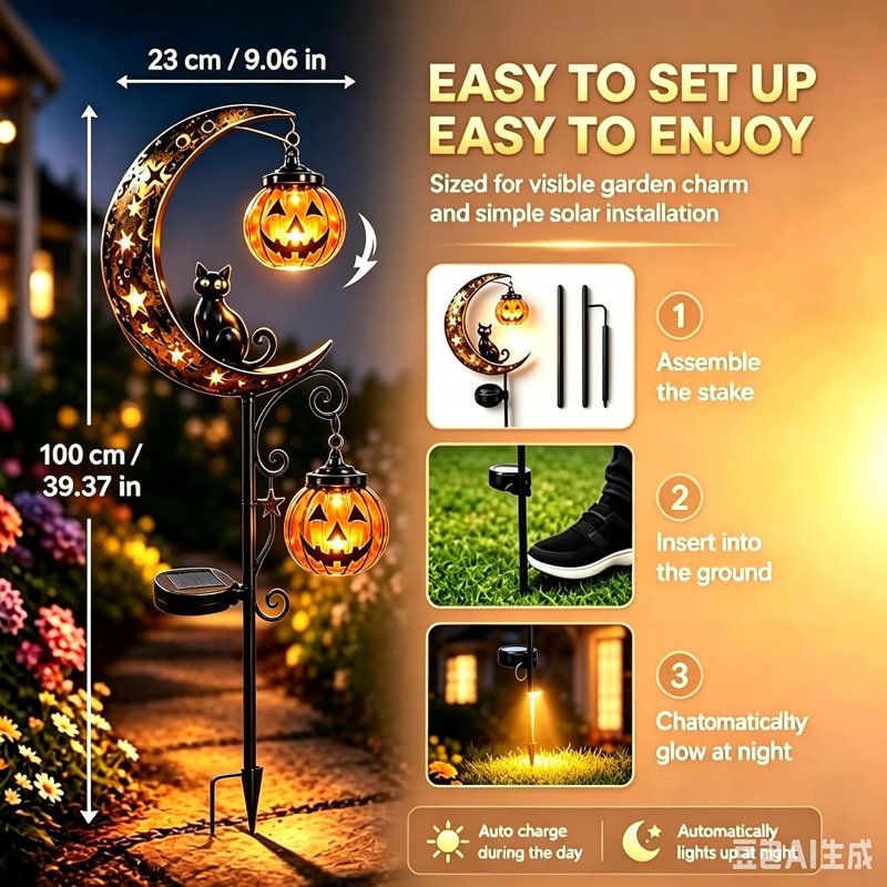 Solar Halloween Garden Stake Light with Black Cat Pumpkin Moon - Waterproof Outdoor Decor - C-1PC