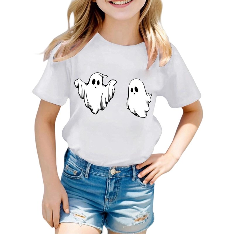 Kids Halloween T-Shirt Z16 White 6-7 Years - Cute Printed Short Sleeve Top