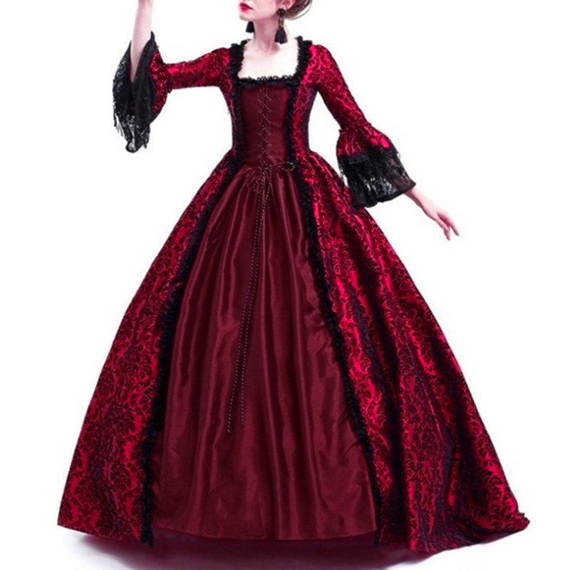Women Medieval Gothic Renaissance Costume Maxi Dress Plus Size 18th Century Cosplay - Wine XXL