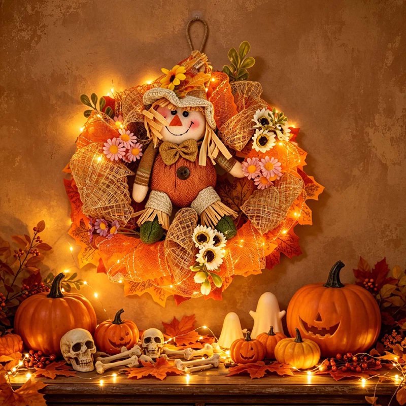 Lighted Fall Scarecrow Wreath for Front Door - 12.2 Inch Farmhouse Autumn Decor with Sunflowers & Daisies - Variation 724-8-12.2"