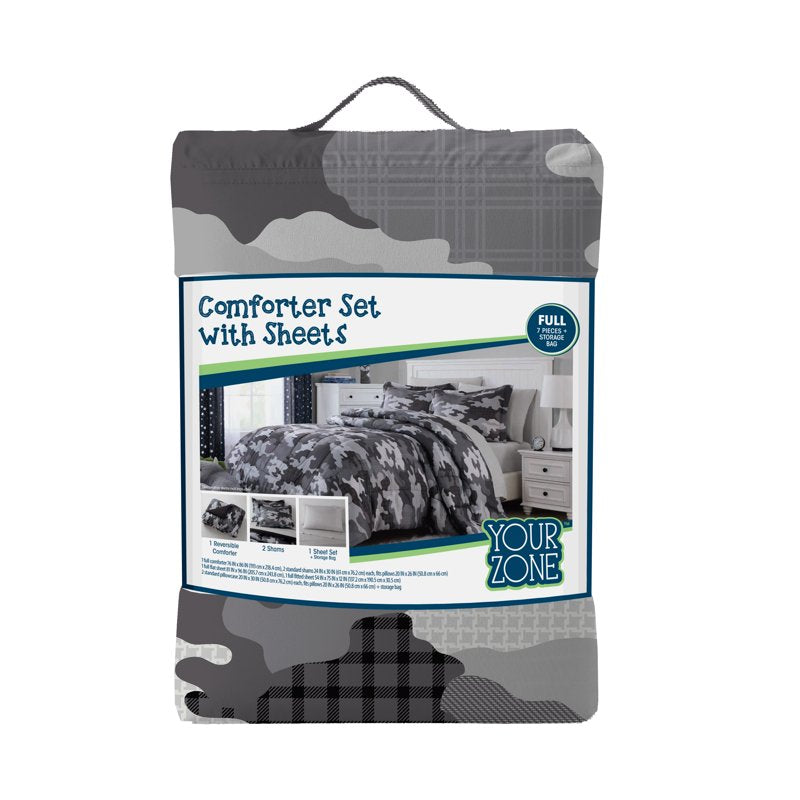 Kids Bed-in-a-Bag Set with Storage Bag - Full Camouflage Bedspread & Sheets - Gray