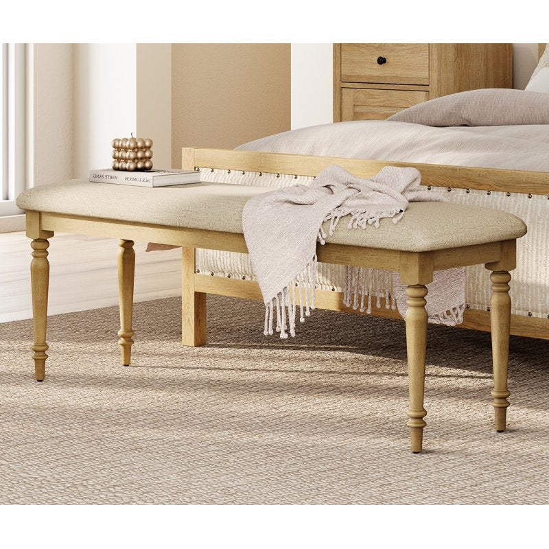 Upholstered Oak Bench - 52-Inch Farmhouse Style for Bedroom & Entryway